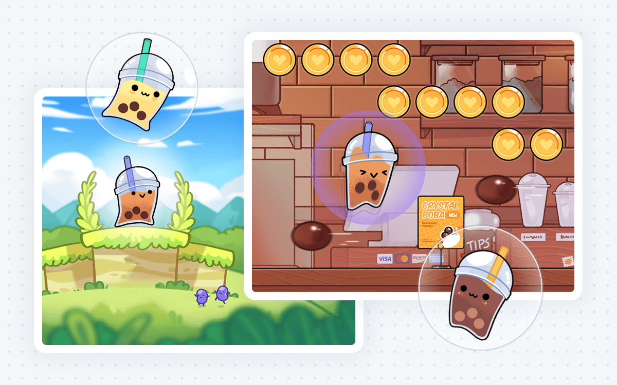 Boba Run gameplay — boba character running through grassy and brick levels