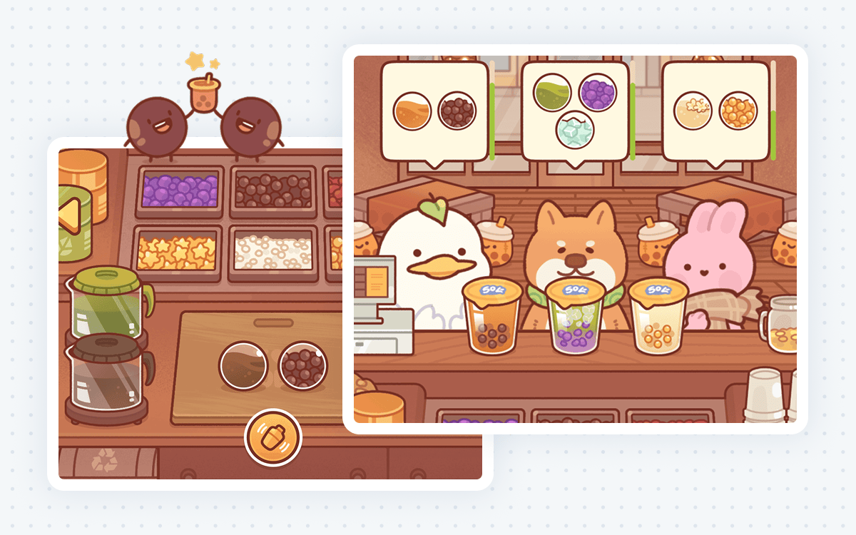 Boba Tale gameplay — bubble tea shop interior with cute customers